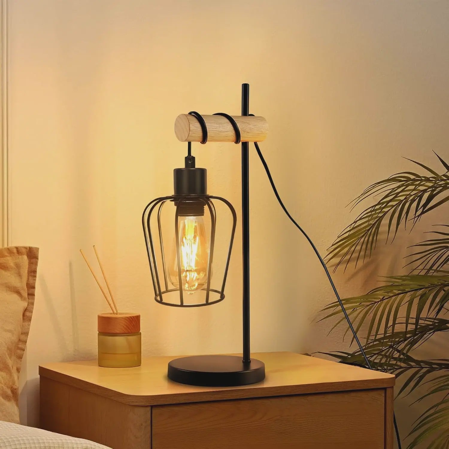 Vintage Industriële Tafellamp met Houten Accent - Zwart Metaal, E27 Fitting