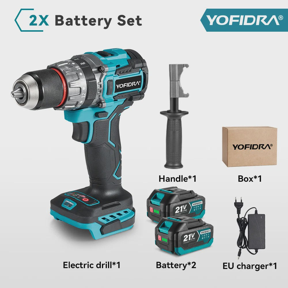 YOFIDRA Accuboormachine 18V-21V Brushless Motor, 13mm Boorhouder, 20+3 Koppelinstellingen, Boor/Schroef/Slagfunctie