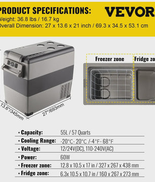 VEVOR Draagbare Auto Koelkast & Vriezer - 35L/45L/55L - 12/24V DC & 110-240V AC