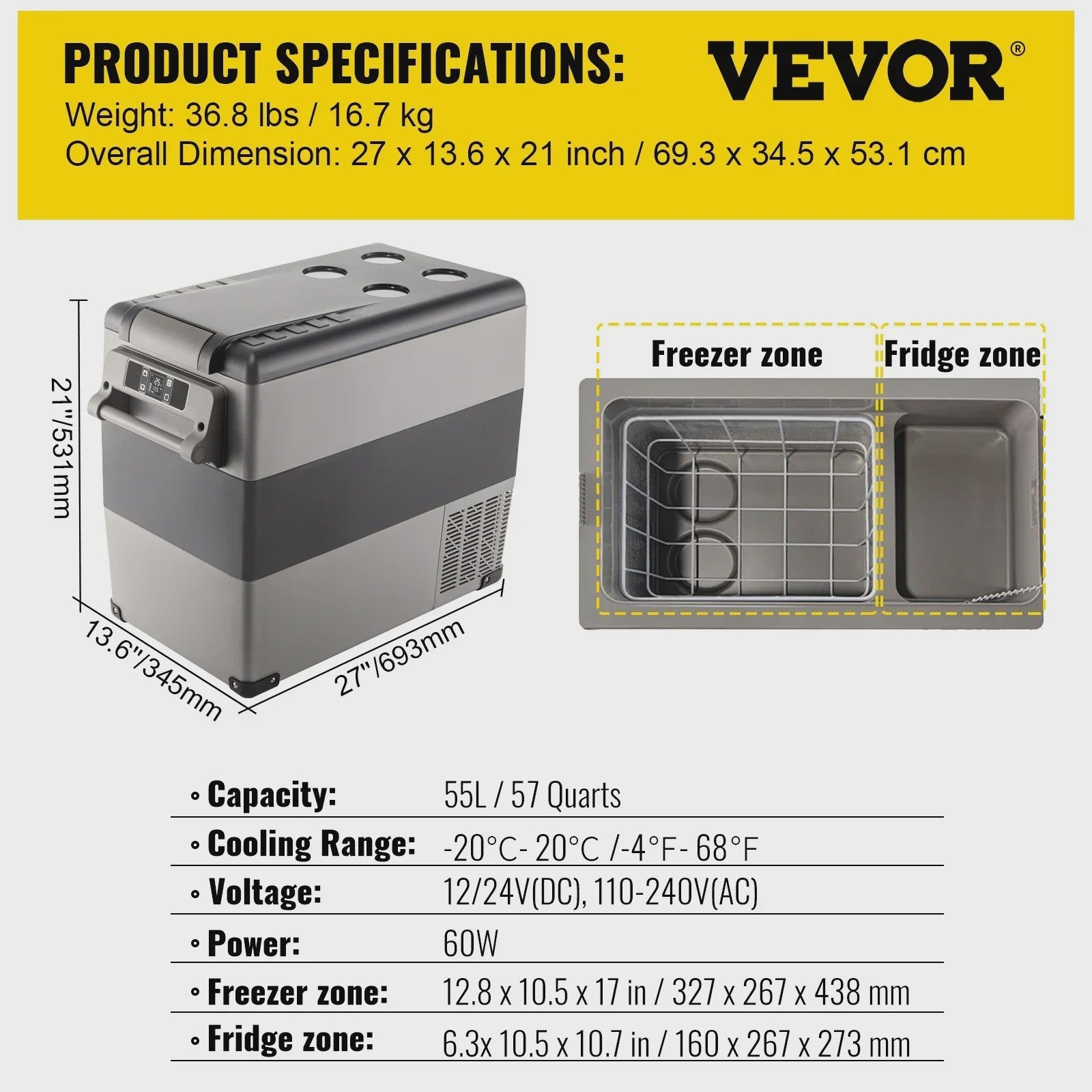 VEVOR Draagbare Auto Koelkast & Vriezer - 35L/45L/55L - 12/24V DC & 110-240V AC