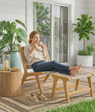 Outsunny Loungeset 2-delig: Acacia Houten Tuinstoel met Voetenbankje