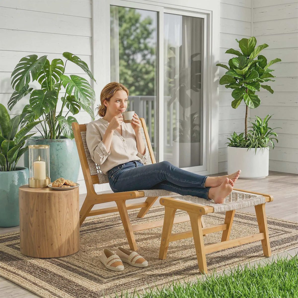 Outsunny Loungeset 2-delig: Acacia Houten Tuinstoel met Voetenbankje