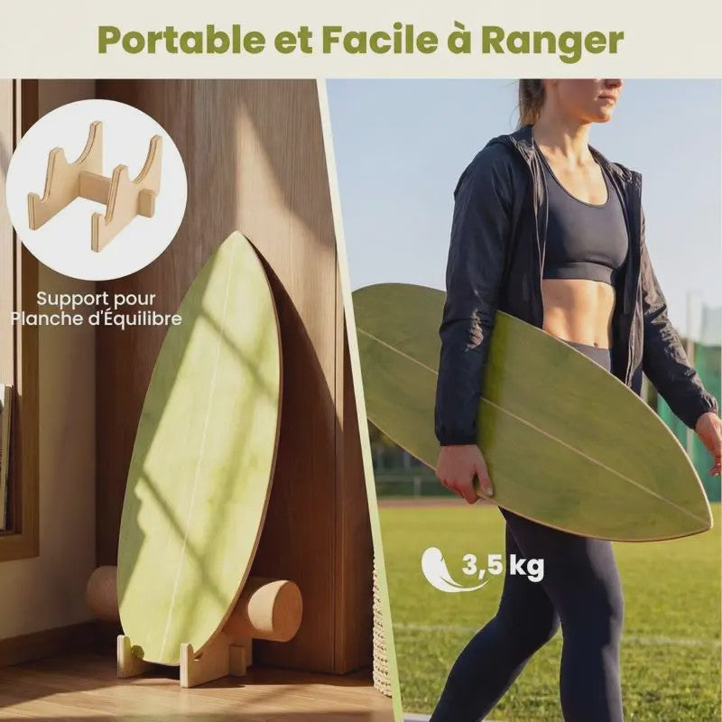 Houten Balansbord met Kurken Roller en Standaard - Groen/Natuurlijk