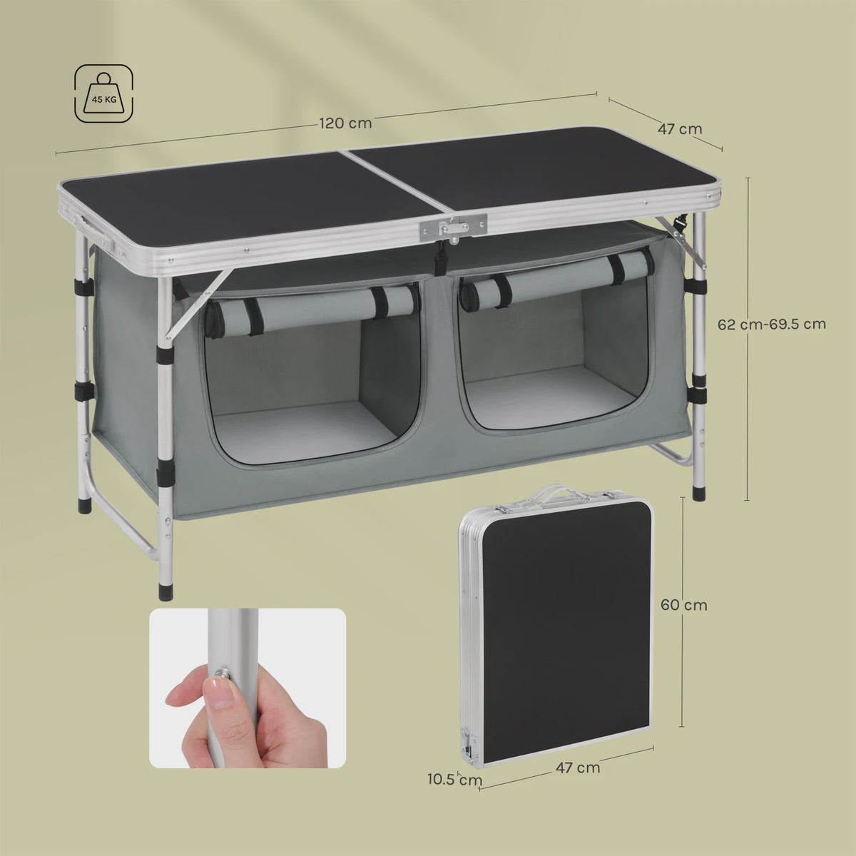 WOLTU Aluminium Vouwbare Picknicktafel met Opbergvakken en In hoogte Verstelbare Poten