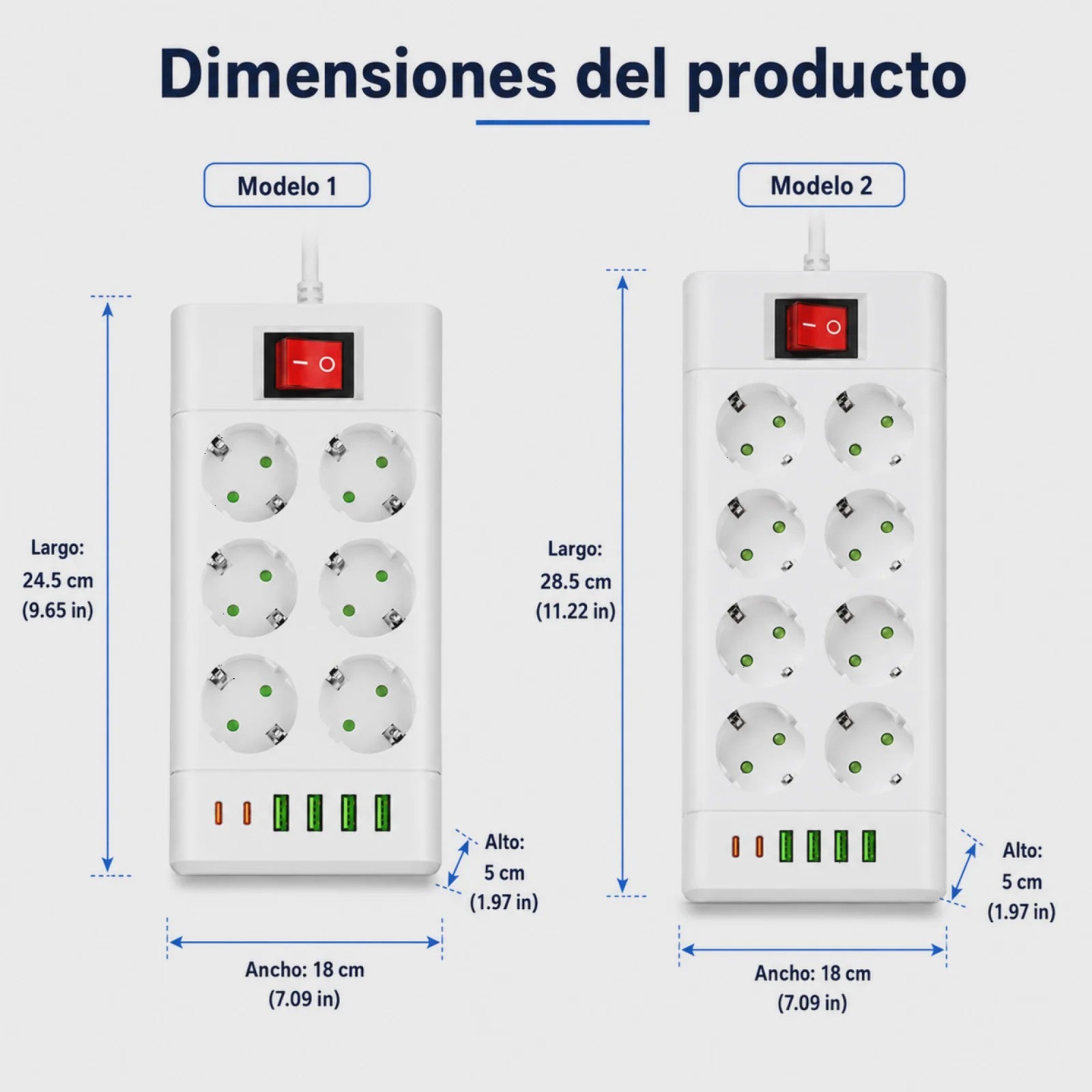 Universele Stekkerdoos met 6 of 8 Schuko Stopcontacten en 6 USB Poorten (2x USB-C, 4x USB-A), 2m Kabel, Wit