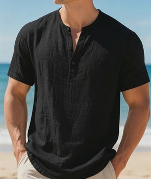 Heren Katoen Linnen Henley T-shirt Korte Mouw - Lichtgewicht & Ademend voor Zomerse Casual Looks