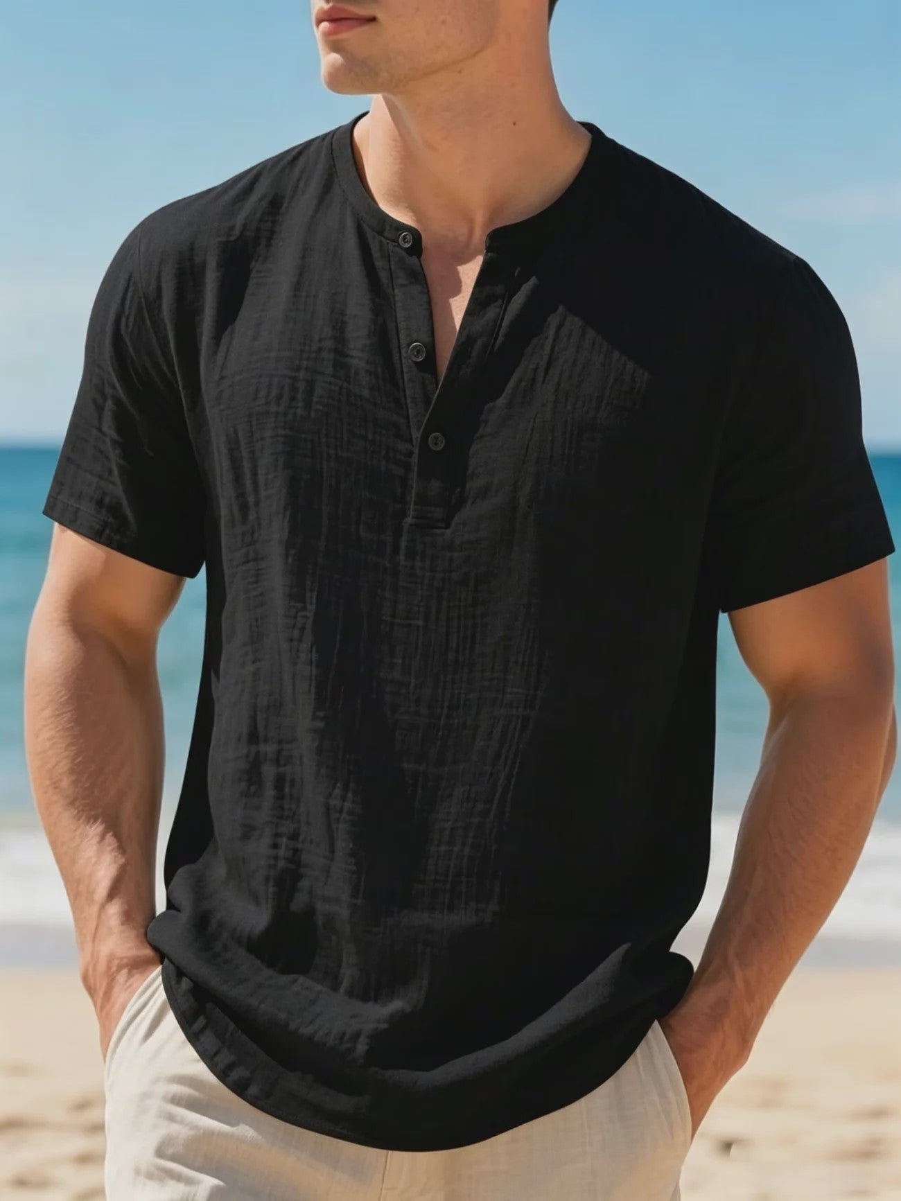 Heren Katoen Linnen Henley T-shirt Korte Mouw - Lichtgewicht & Ademend voor Zomerse Casual Looks