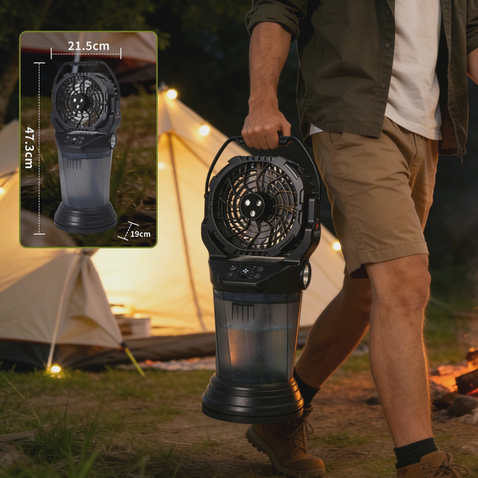 Draagbare Camping Ventilator met Vernevelaar, 2000ml Tank, 15000mAh Batterij & RGB LED Verlichting