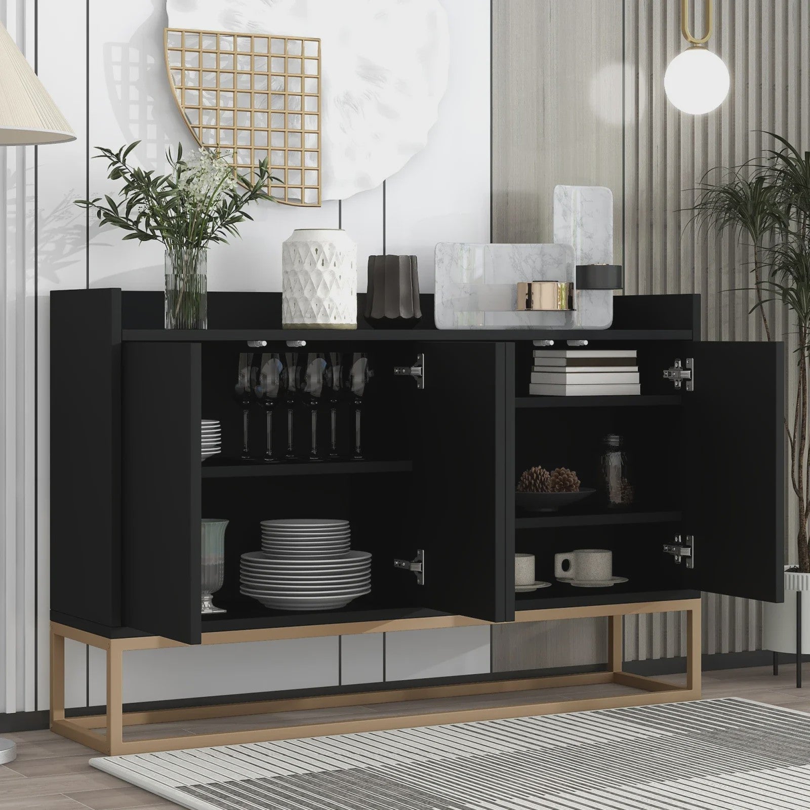 Modern Dressoir met 4 Deuren en Handgreep-loos Design - Wit, Zwart of Blauw