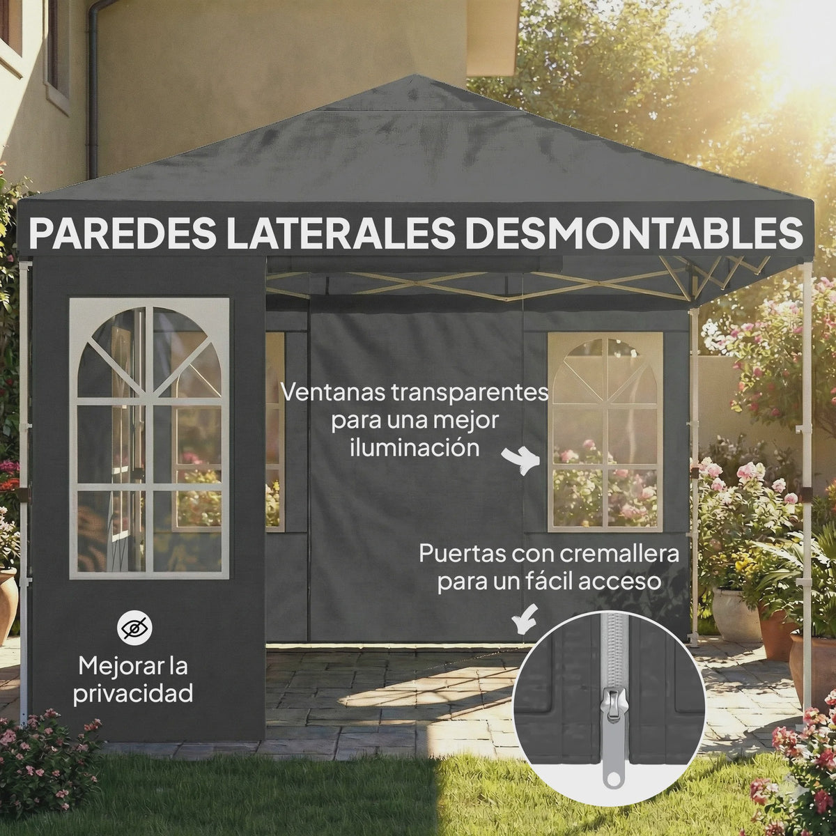 Outsunny Pop-Up Partytent 3x3m met Verstelbare Hoogte en Afneembare Zijwanden