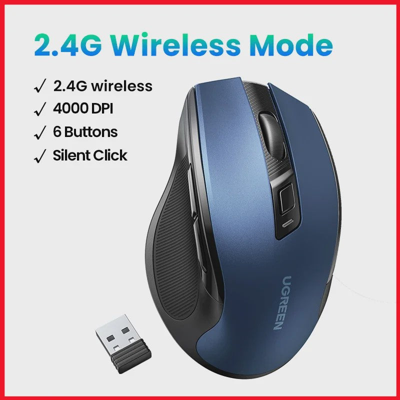 UGREEN Ergonomische Draadloze Muis: Bluetooth 5.0 & 2.4G, 4000 DPI, Stille Knoppen