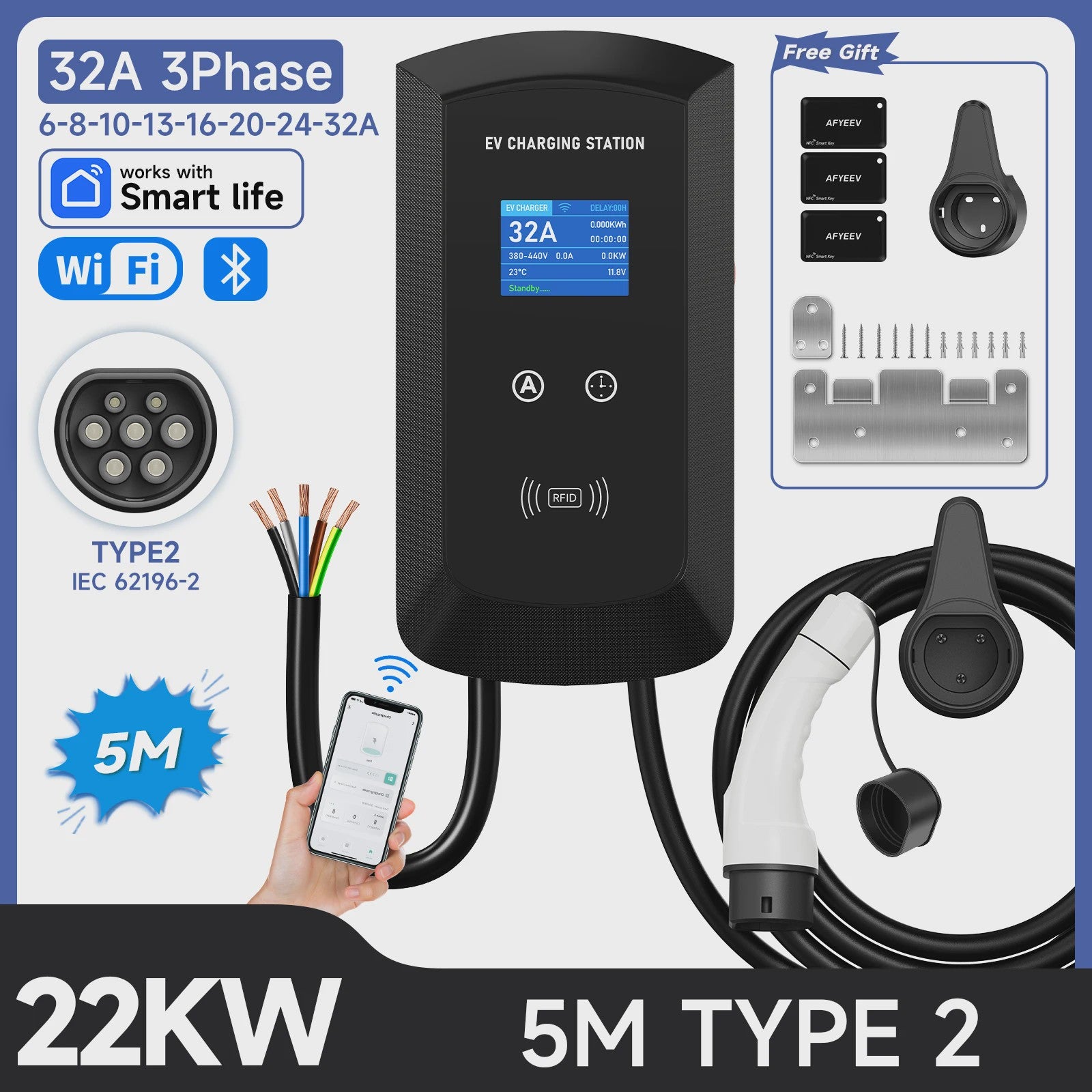 22KW 3-Fase Type 2 EV Laadstation Wallbox met WIFI/APP Controle - Snel Laden tot 7.6KW