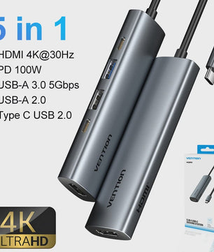 Vention 5-in-1 USB-C Hub: 4K@60Hz HDMI, 3x USB 3.0, PD 100W Docking Station
