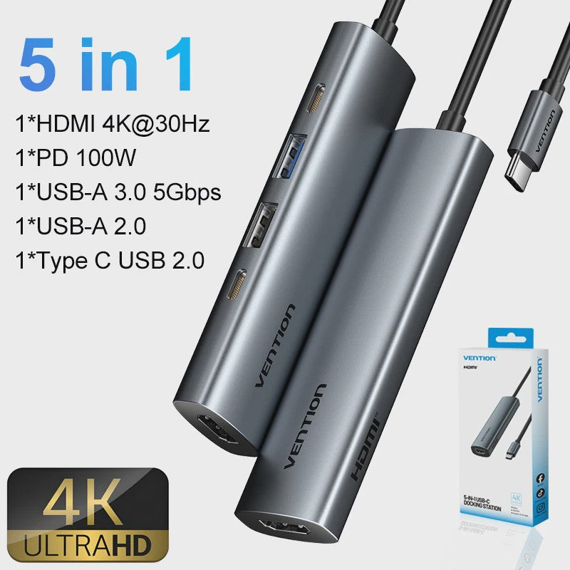 Vention 5-in-1 USB-C Hub: 4K@60Hz HDMI, 3x USB 3.0, PD 100W Docking Station
