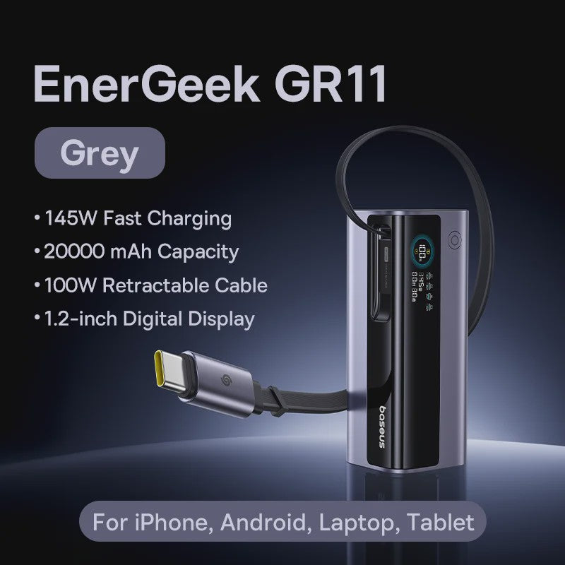 Baseus 145W Powerbank 20000mAh met Ingebouwde 100W Intrekbare USB-C Kabel
