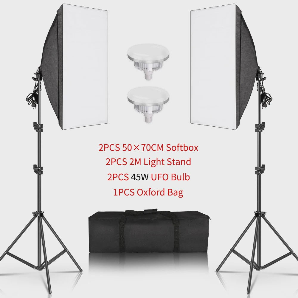 Professionele Softbox Verlichtingskit 50x70cm met E27 Lampen en Statief - Fotostudio Apparatuur