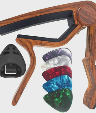7-delige Gitaar Capo Set met 5 Picks en Houder - Zwart & Zilver