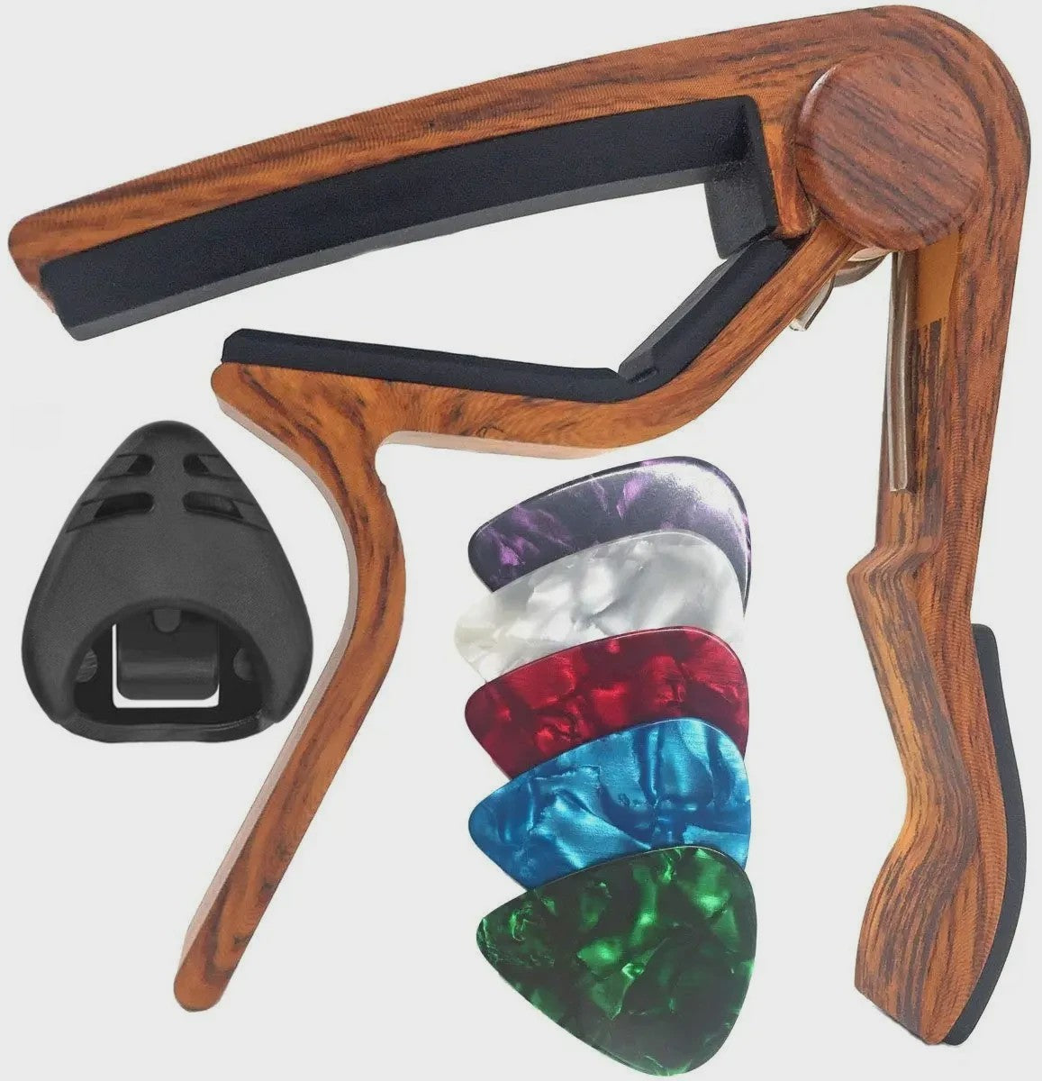 7-delige Gitaar Capo Set met 5 Picks en Houder - Zwart & Zilver