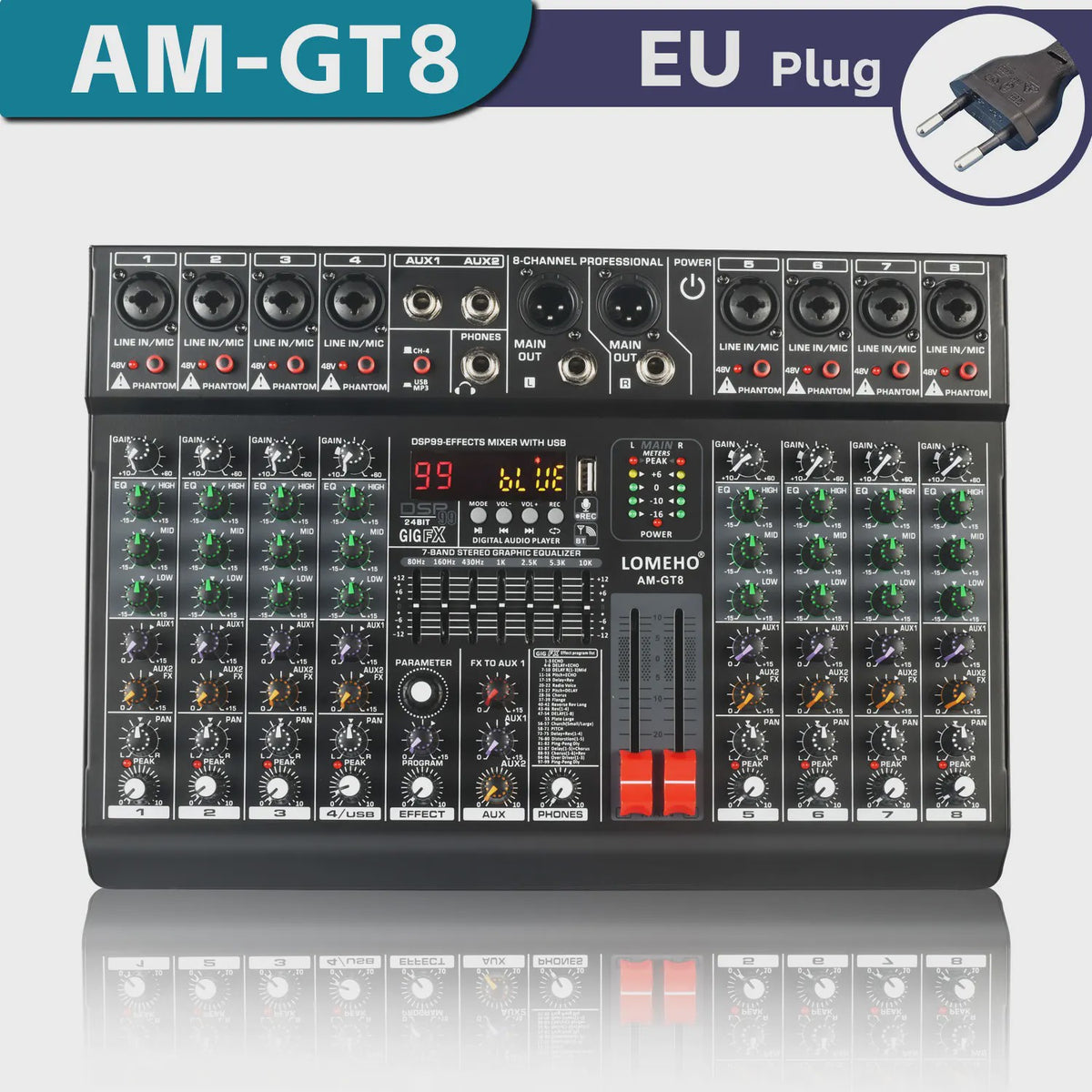 Lomeho AM-GT6/8 Professionele Audio Mixer Console met 7-Band EQ, USB & 99 Effecten