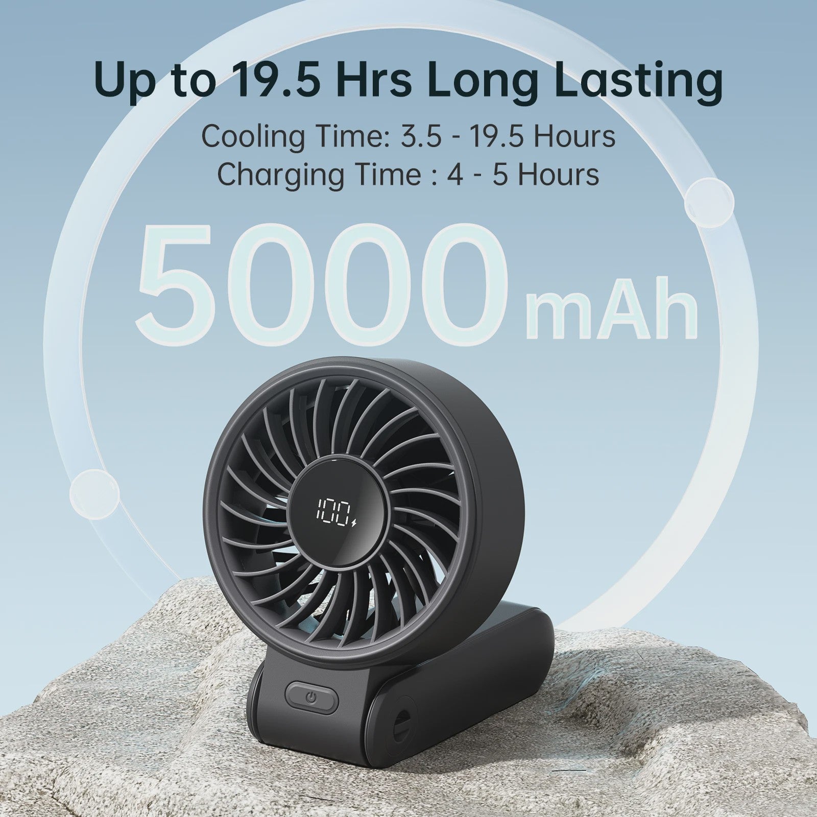 JISULIFE Draagbare Handventilator met LED Display, 5 Snelheden, 5000mAh, 150° Opvouwbaar, 3-in-1 Multifunctioneel