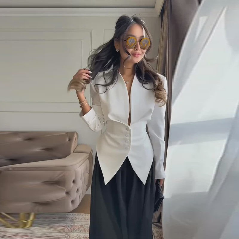 Dames Asymmetrische Blazer met V-hals en Lange Mouwen - Casual Lente Jasje