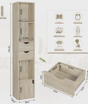 Hoge Smalle Boekenkast met Lades en Deur - Stijlvolle Opbergkast voor Woonkamer & Kantoor (158cm)