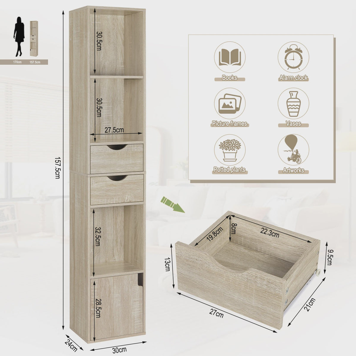 Hoge Smalle Boekenkast met Lades en Deur - Stijlvolle Opbergkast voor Woonkamer & Kantoor (158cm)
