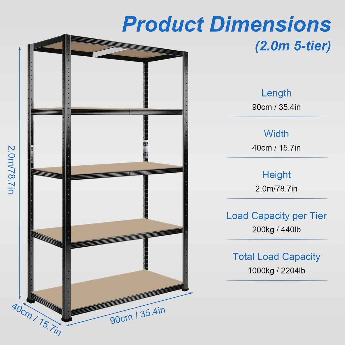 5-Laags Heavy Duty Metalen Stellingkast - 1000kg Draagvermogen - Boutloos Ontwerp - Verstelbare MDF Planken