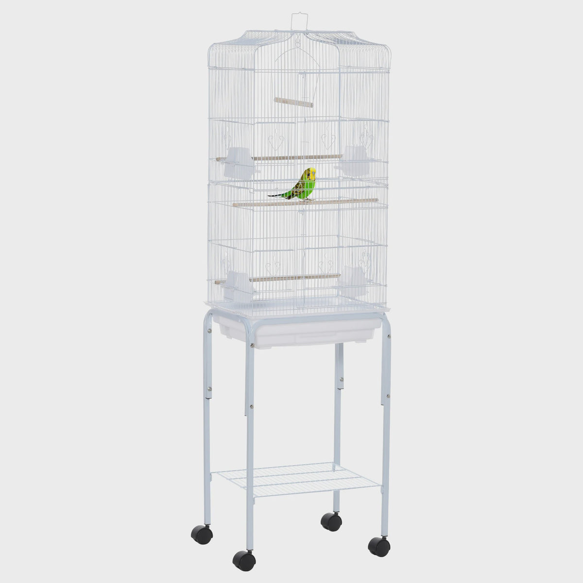 Ruime Vogelkooi met Standaard, Wielen en Opbergplank - 46.5x36x157 cm