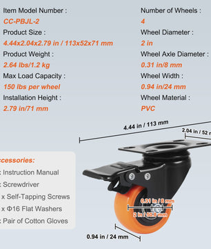 Set van 4 Zwenkwielen met Dubbel Rem & PVC Wielen - Diverse Maten
