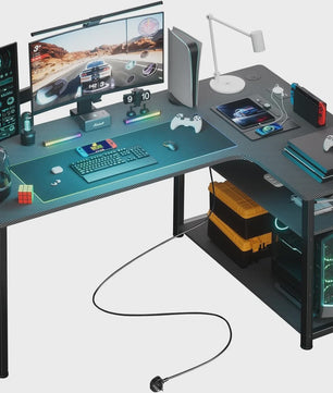 COMHOMA Hoekbureau met Planken, 120cm Gaming PC Bureau met USB Laadpoort en Stopcontact