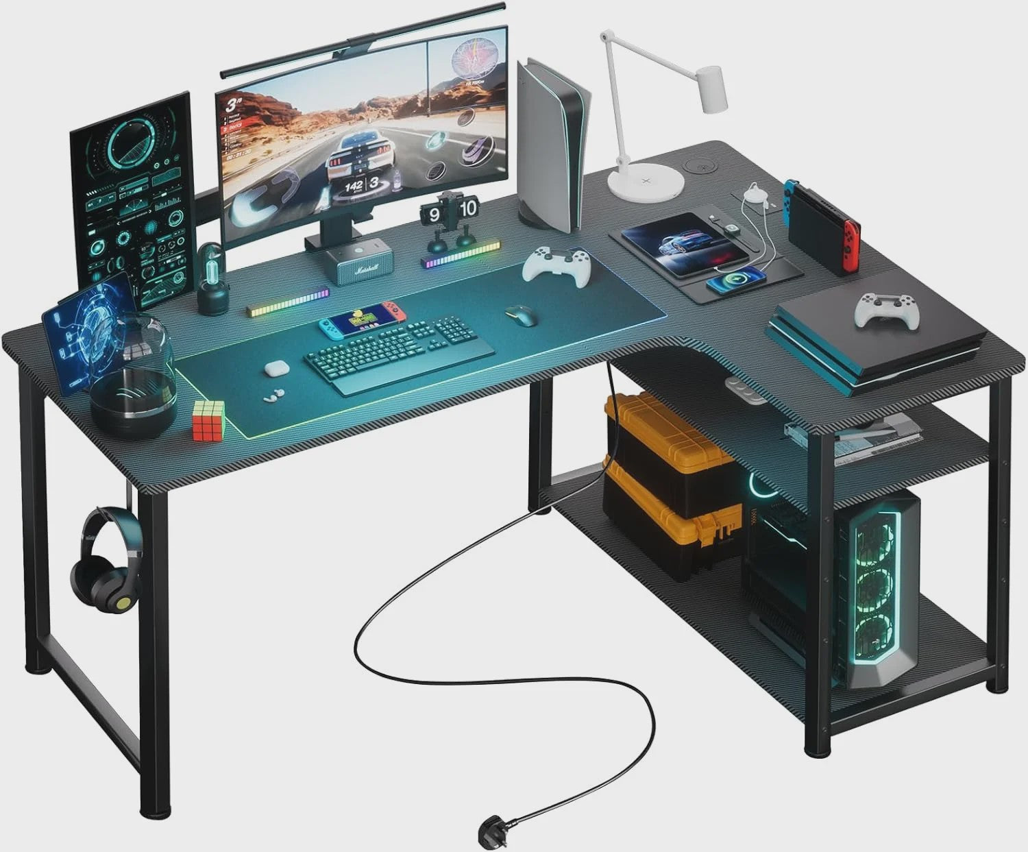COMHOMA Hoekbureau met Planken, 120cm Gaming PC Bureau met USB Laadpoort en Stopcontact
