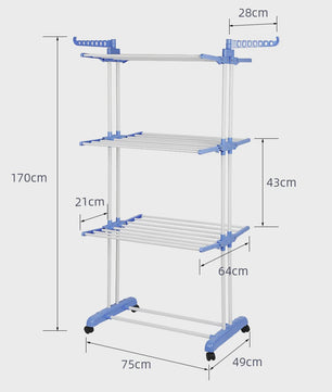 3-Laags Kledingrek op Wielen - Dubbele Stang, Opvouwbaar Droogrek voor Binnen & Buiten - 75x64x170cm