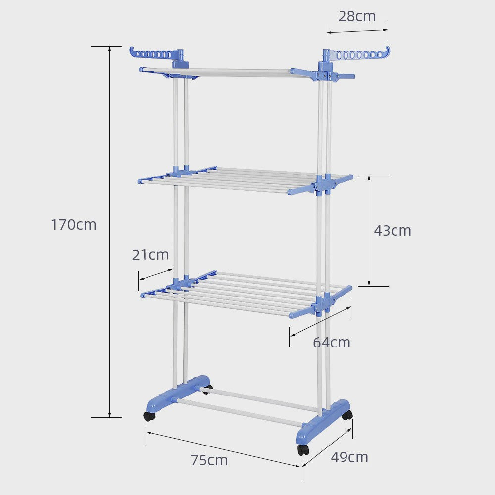 3-Laags Kledingrek op Wielen - Dubbele Stang, Opvouwbaar Droogrek voor Binnen & Buiten - 75x64x170cm
