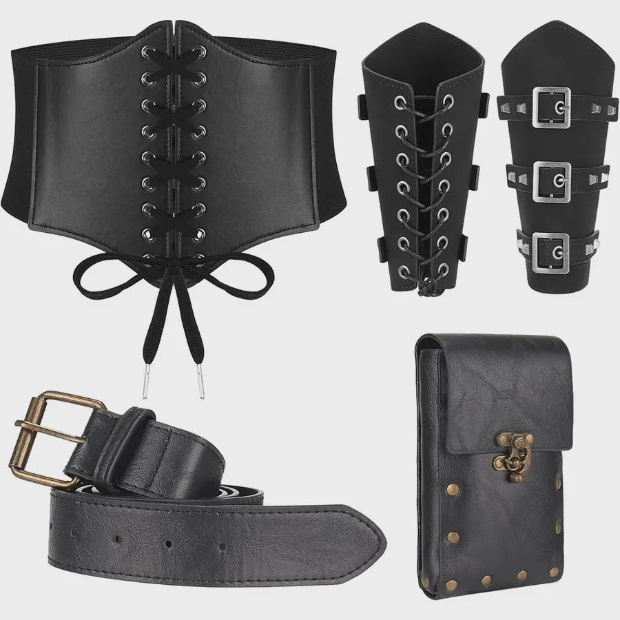 Middeleeuwse Renaissance Kostuum Set: Corset, Riem, Portemonnee & Accessoires