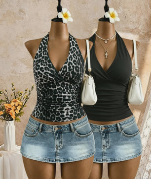 2-Pack Dames Crop Top met Halternek, Diepe V-hals en Ruches - Zomer Y2K Stijl