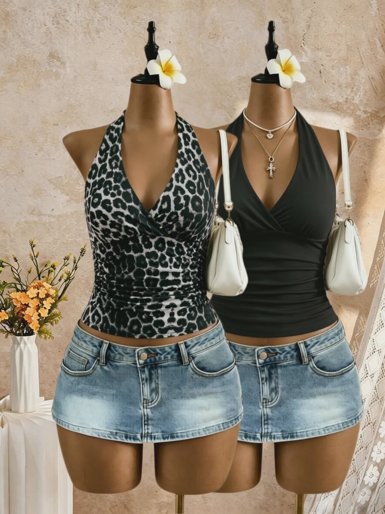 2-Pack Dames Crop Top met Halternek, Diepe V-hals en Ruches - Zomer Y2K Stijl