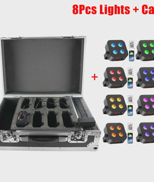 Set van 8 Oplaadbare Mini Par LED Spots (4x18W RGBWAUV) met Flightcase