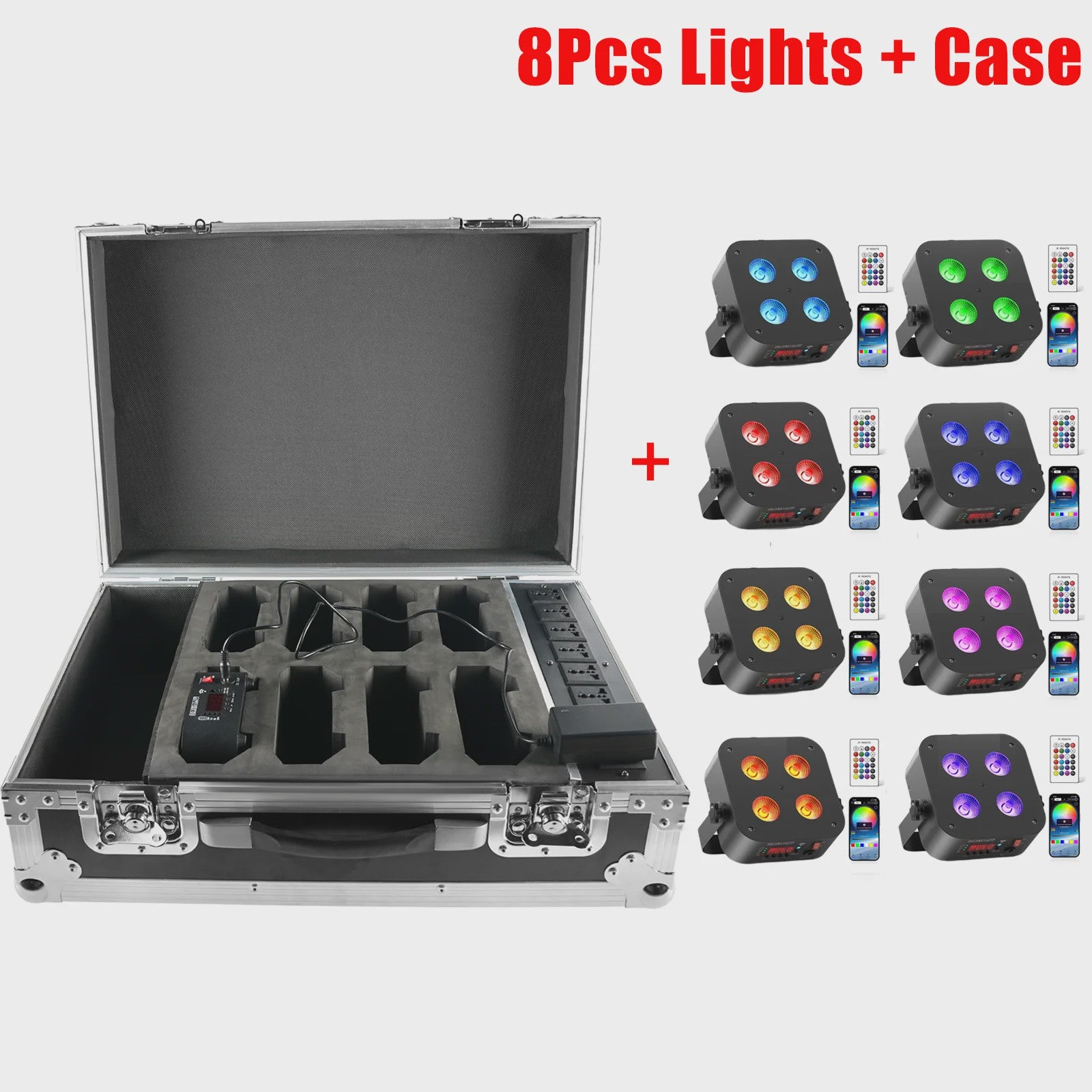 Set van 8 Oplaadbare Mini Par LED Spots (4x18W RGBWAUV) met Flightcase