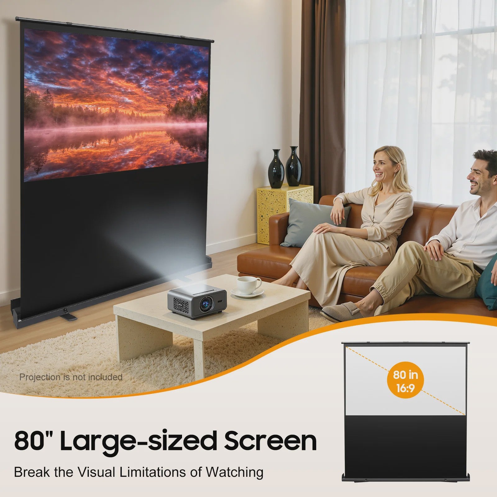 80 Inch Draagbaar Projectiescherm met Verhoogbaar Frame - 16:9, 4K/8K Ultra HD, 160° Kijkhoek, HDR/3D
