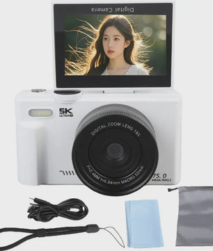 5K Digitale Camera met 75MP, 18x Zoom & 180° Flip Screen - Perfect voor Vlogs, YouTube & Selfies - WiFi