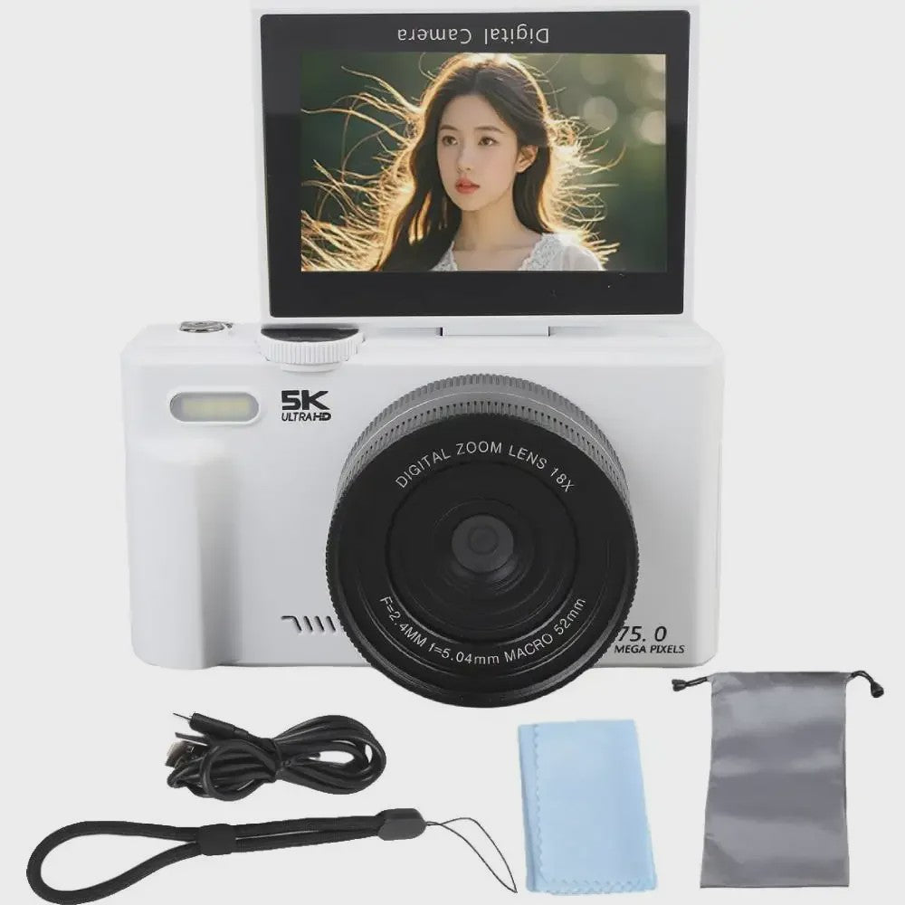 5K Digitale Camera met 75MP, 18x Zoom & 180° Flip Screen - Perfect voor Vlogs, YouTube & Selfies - WiFi