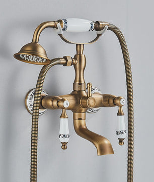 Retro Douchekraan Set met Baduitloop - Antiek Messing & Zwart Brons