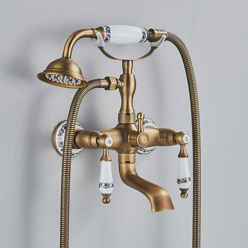Retro Douchekraan Set met Baduitloop - Antiek Messing & Zwart Brons