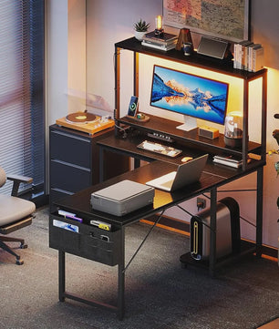 Coleshome L-vormig Gaming Bureau met LED, Stopcontacten & Opbergvak - 110x80cm - Zwart