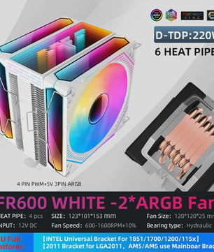 Metalfish FR600 CPU Air Cooler: 6 Heatpipes, ARGB PWM 12cm Fan, 153mm Hoogte