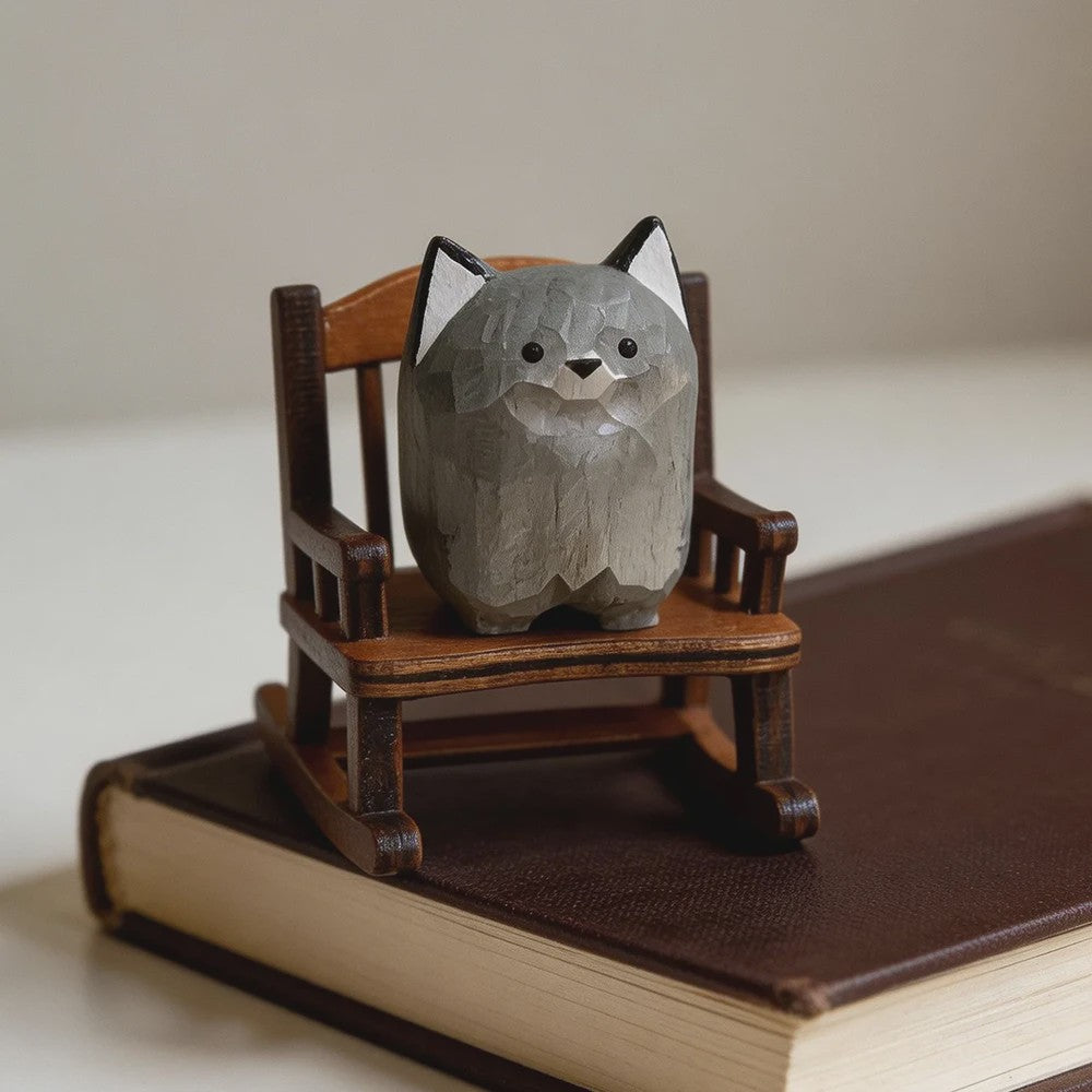 Handgemaakte Houten Mini Wolf Beeldje - Schattig Dieren Decoratie voor Bureau