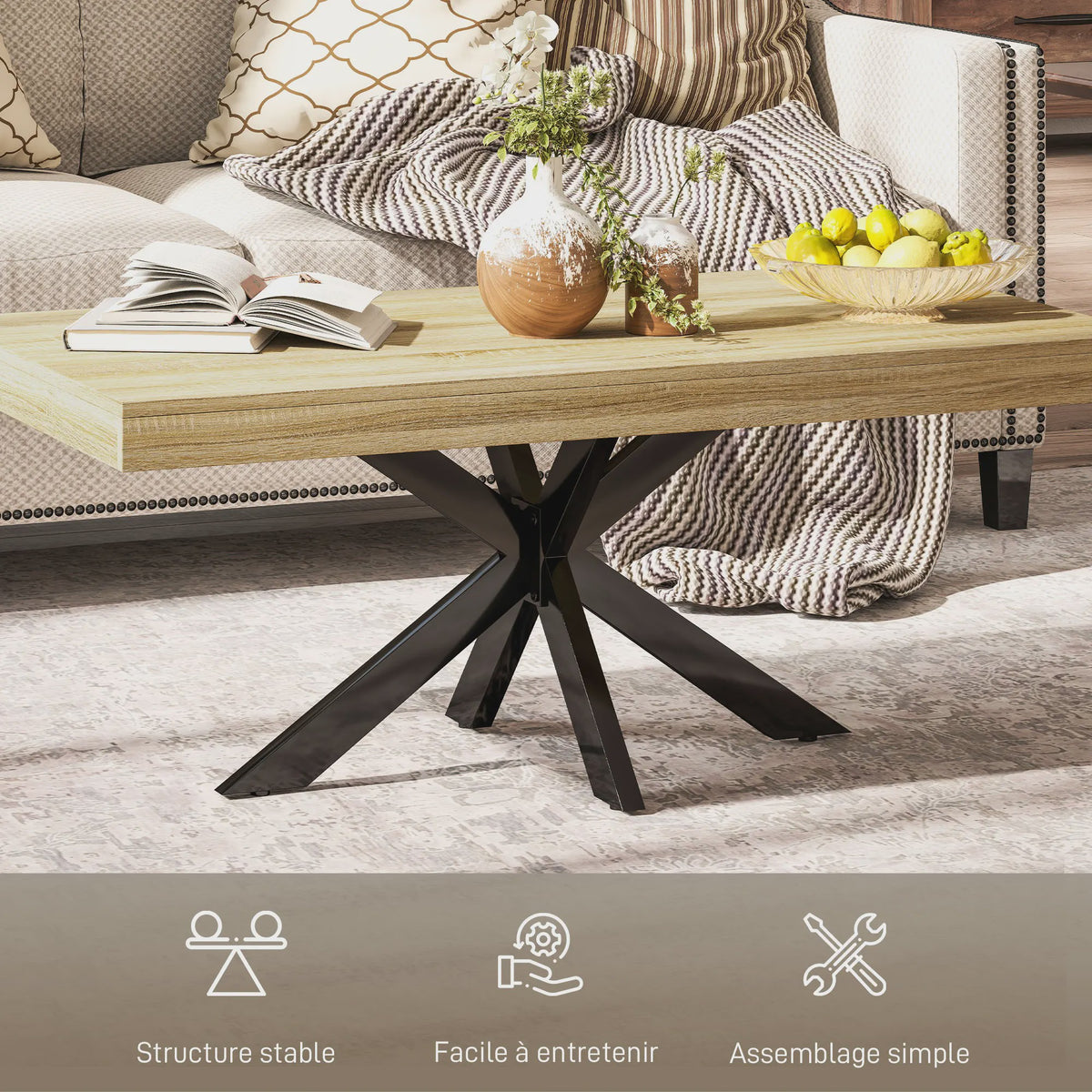 Industriële Rechthoekige Salontafel - Zwart Metaal & Houtlook - 110x60x45cm