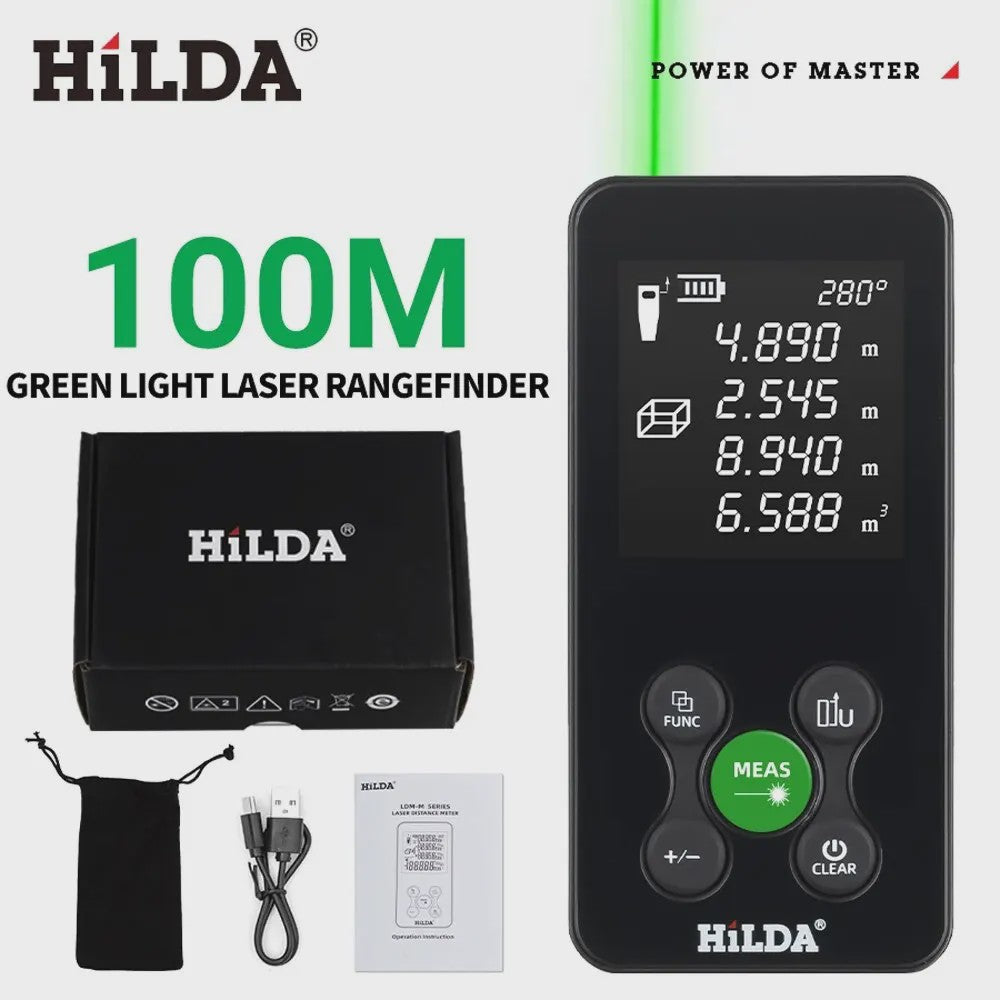 HILDA Laser Afstandsmeter 50M/100M met Rood/Groen Laser, Hoekmeting & USB-C Opladen