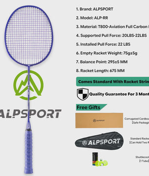 ALPSPORT RR Carbon Fiber Badminton Racket Set (2 stuks) - Offensief, 26LBS, Inclusief Tas & Shuttlecock - Ideaal voor Tieners